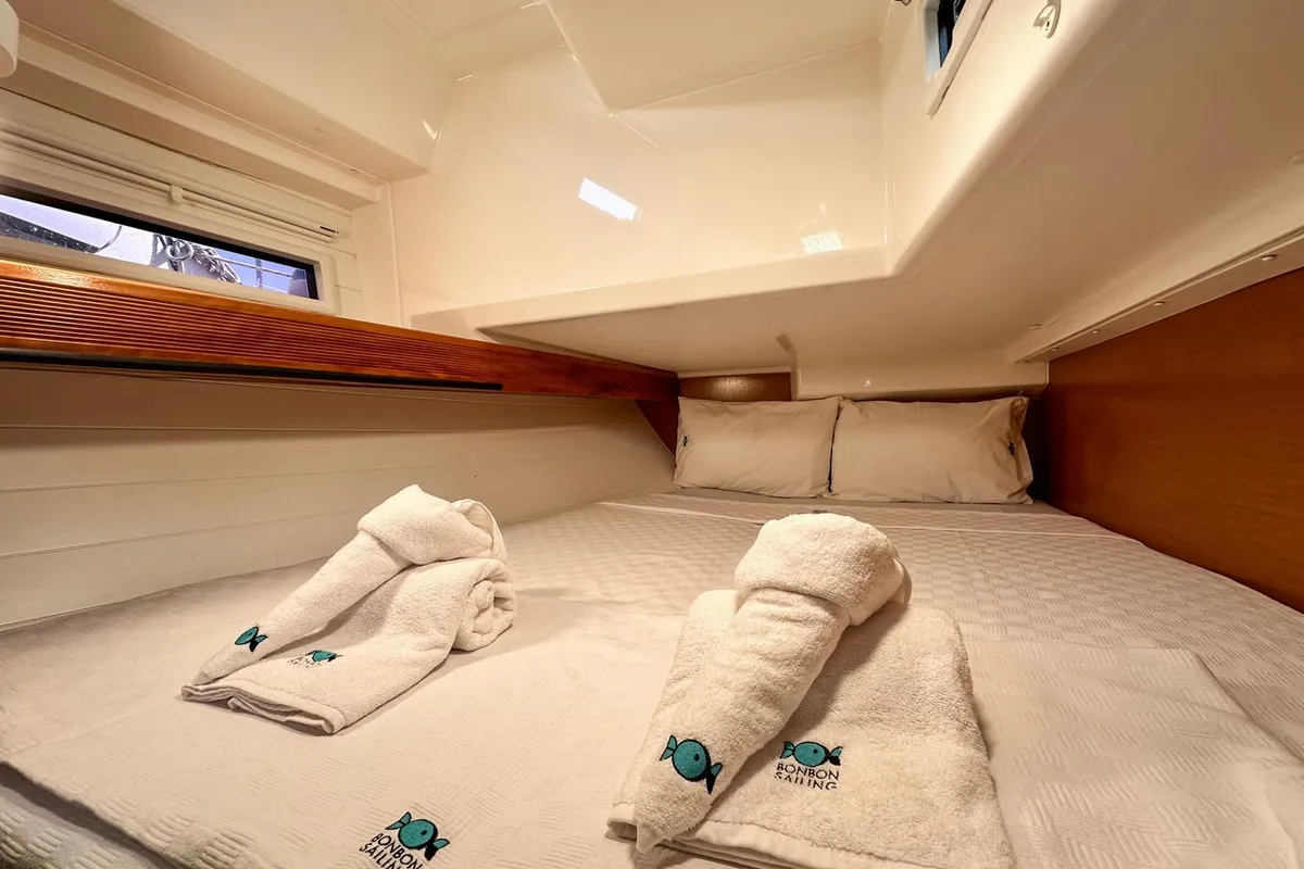 Cabin on Spark-1, a Bavaria Cruiser 40 sailboat at Bodrum, Turkey
