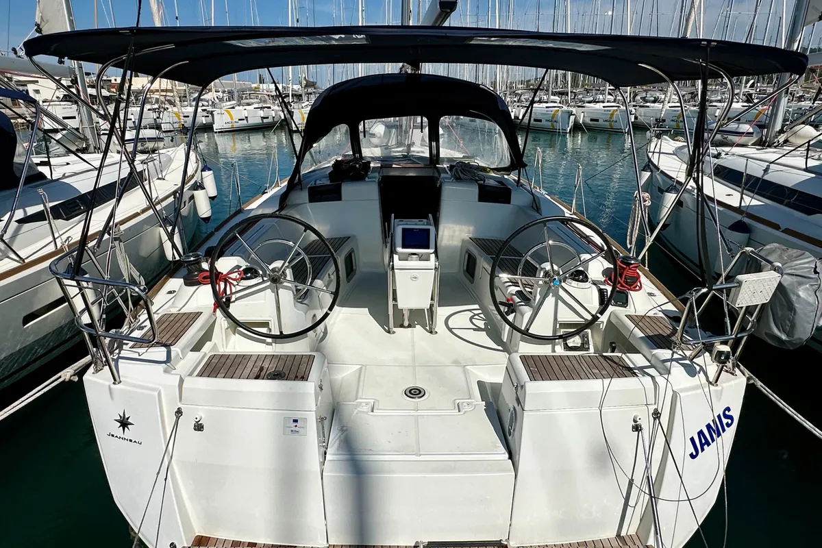 Cockpit of Janis, a Jeanneau Sun Odyssey 449 sailboat at Sukošan, Croatia