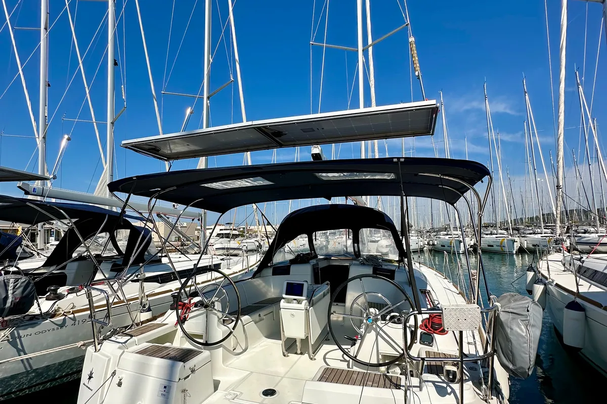 Exterior view of Janis, a Jeanneau Sun Odyssey 449 sailboat at Sukošan, Croatia