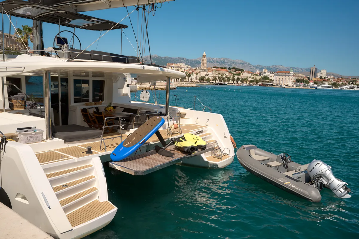Deck of Akana, a Lagoon 52 F catamaran at Grad Trogir, Croatia