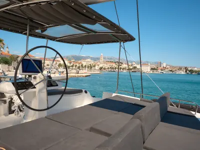 Cockpit of Akana, a Lagoon 52 F catamaran at Grad Trogir, Croatia