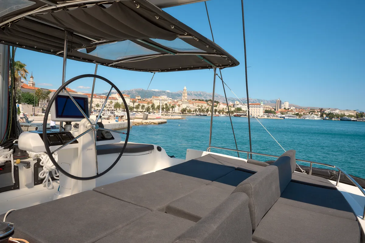 Cockpit of Akana, a Lagoon 52 F catamaran at Grad Trogir, Croatia
