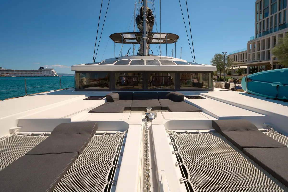 Deck of Akana, a Lagoon 52 F catamaran at Grad Trogir, Croatia