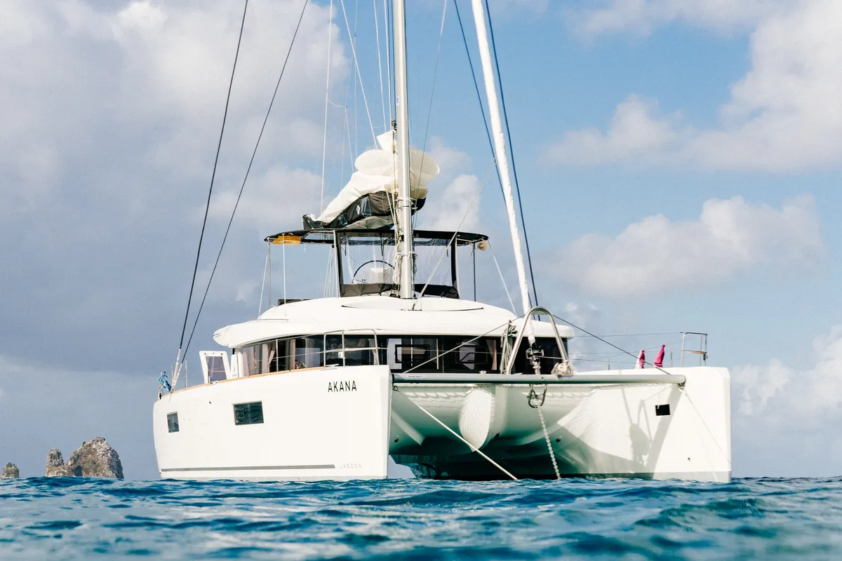 Exterior view of Akana, a Lagoon 52 F catamaran at Grad Trogir, Croatia