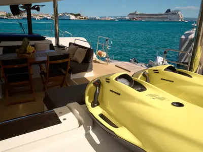 Deck of Akana, a Lagoon 52 F catamaran at Grad Trogir, Croatia