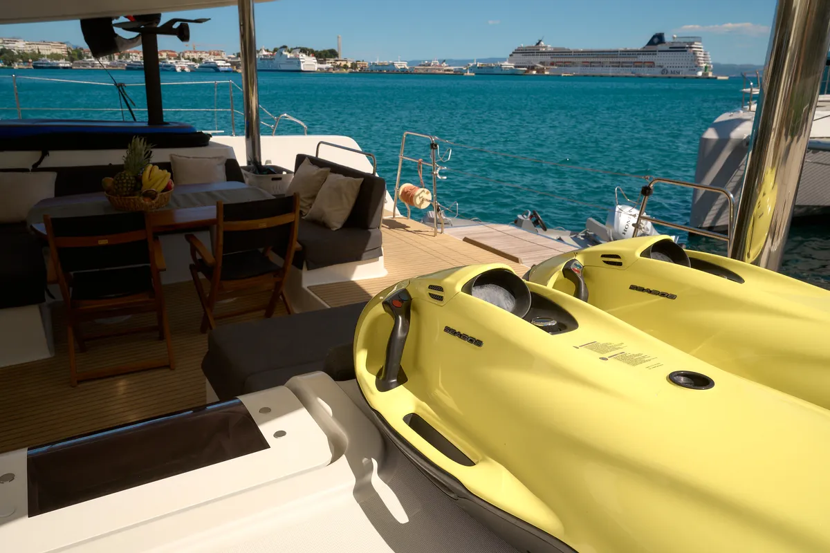 Deck of Akana, a Lagoon 52 F catamaran at Grad Trogir, Croatia
