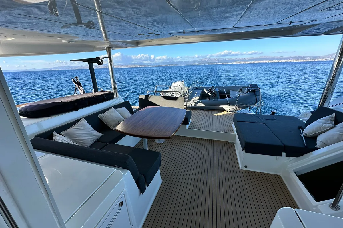 Deck of Akana, a Lagoon 52 F catamaran at Grad Trogir, Croatia