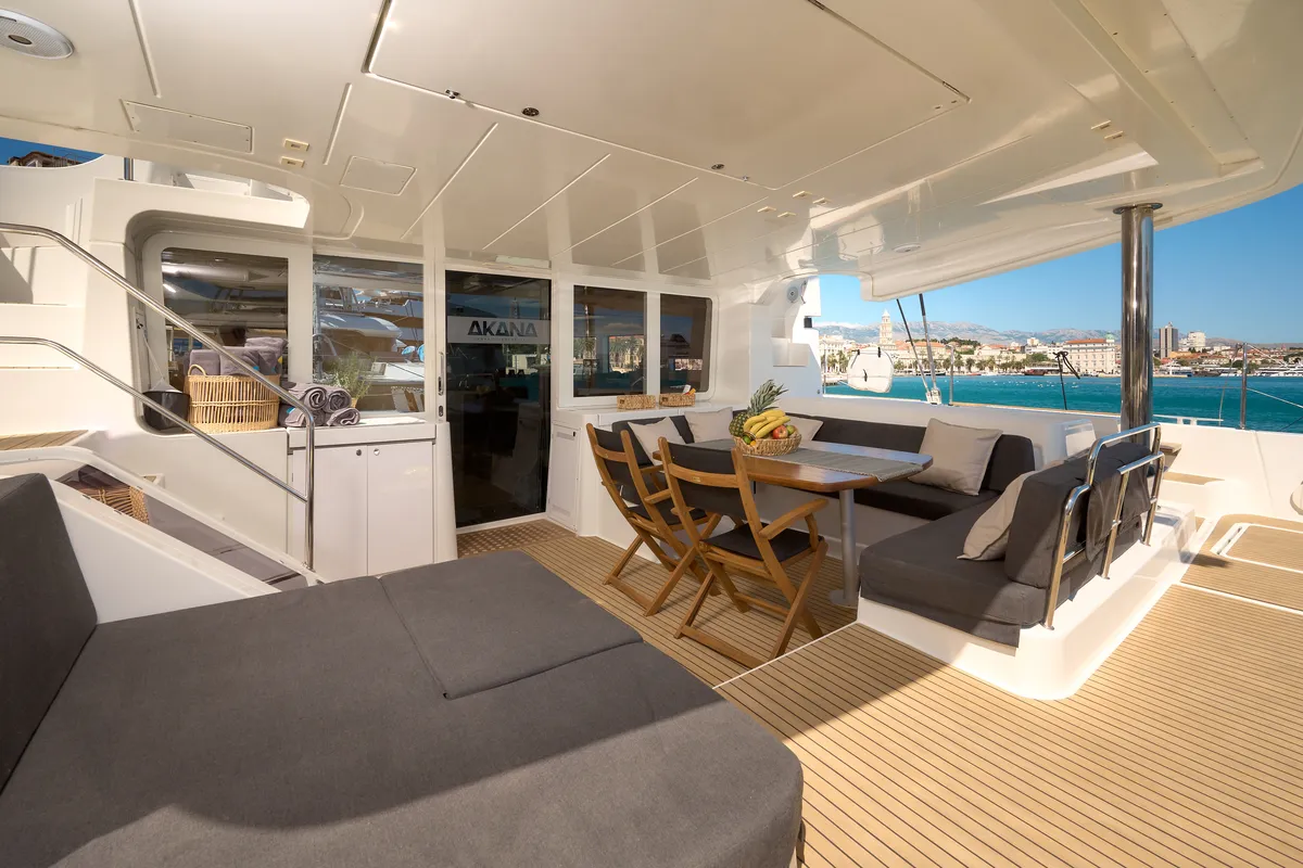 Deck of Akana, a Lagoon 52 F catamaran at Grad Trogir, Croatia