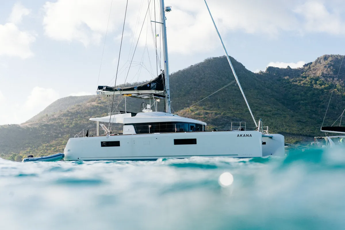 Exterior view of Akana, a Lagoon 52 F catamaran at Grad Trogir, Croatia