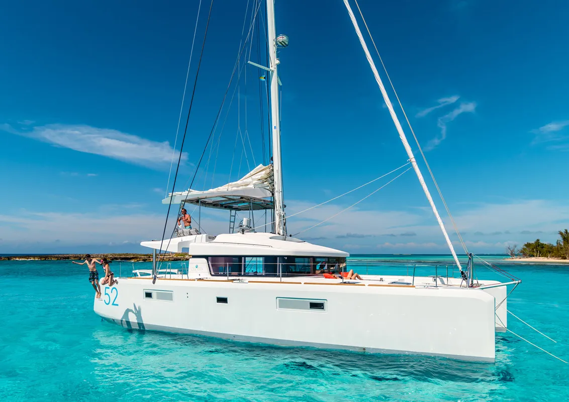 Exterior view of Akana, a Lagoon 52 F catamaran at Grad Trogir, Croatia