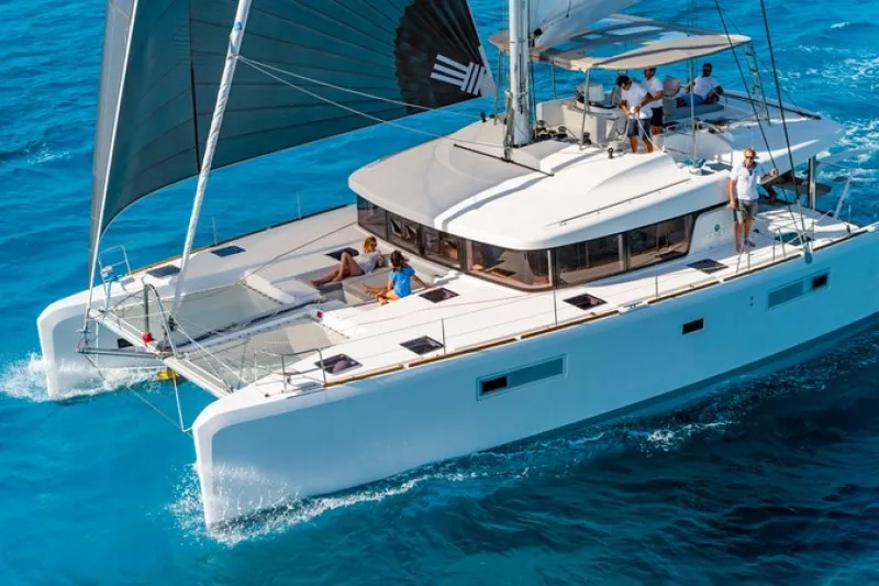 Exterior view of Akana, a Lagoon 52 F catamaran at Grad Trogir, Croatia
