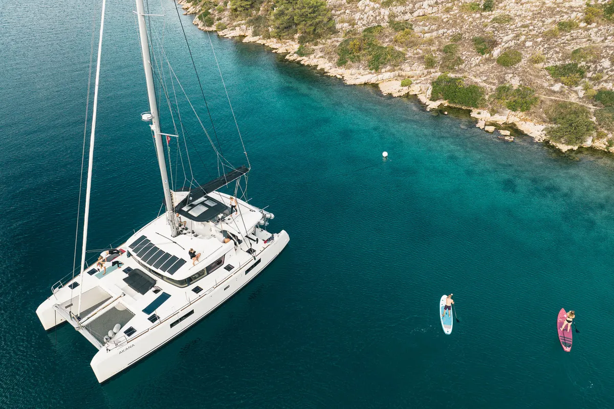 Exterior view of Akana, a Lagoon 52 F catamaran at Grad Trogir, Croatia