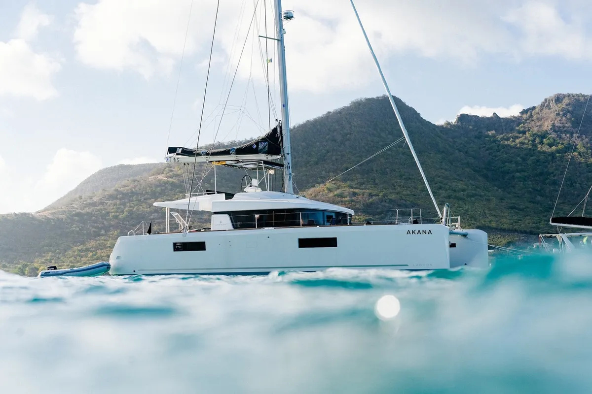 Exterior view of Akana, a Lagoon 52 F catamaran at Grad Trogir, Croatia