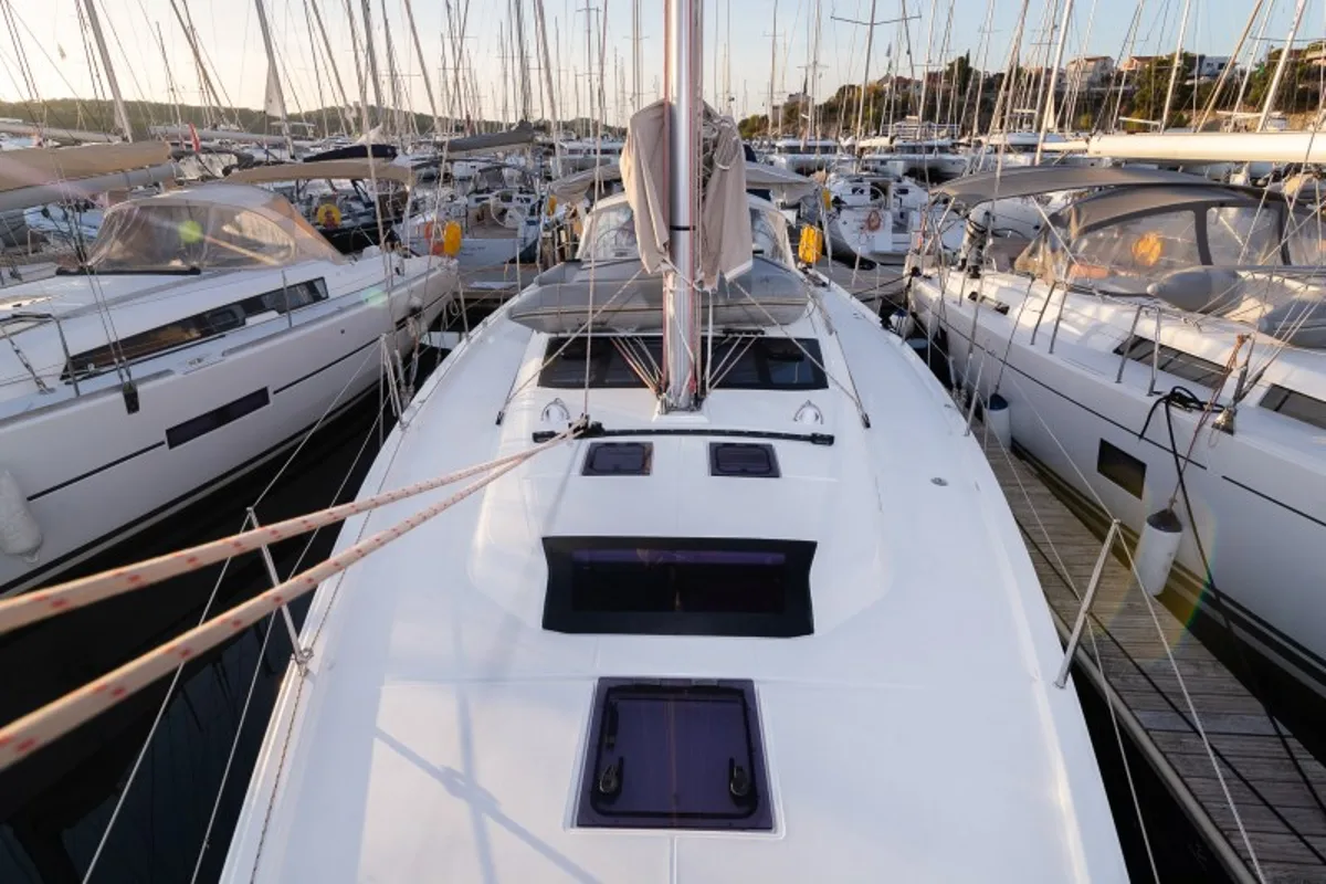 Deck of SWEETEST TAB00, a Dufour 430 sailboat at Grad Šibenik, Croatia