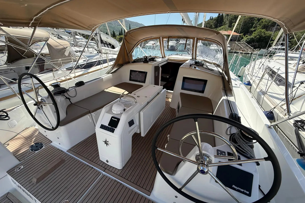 Cockpit of Sunset Kiss, a Jeanneau Sun Odyssey 410 sailboat at Dubrovnik, Croatia