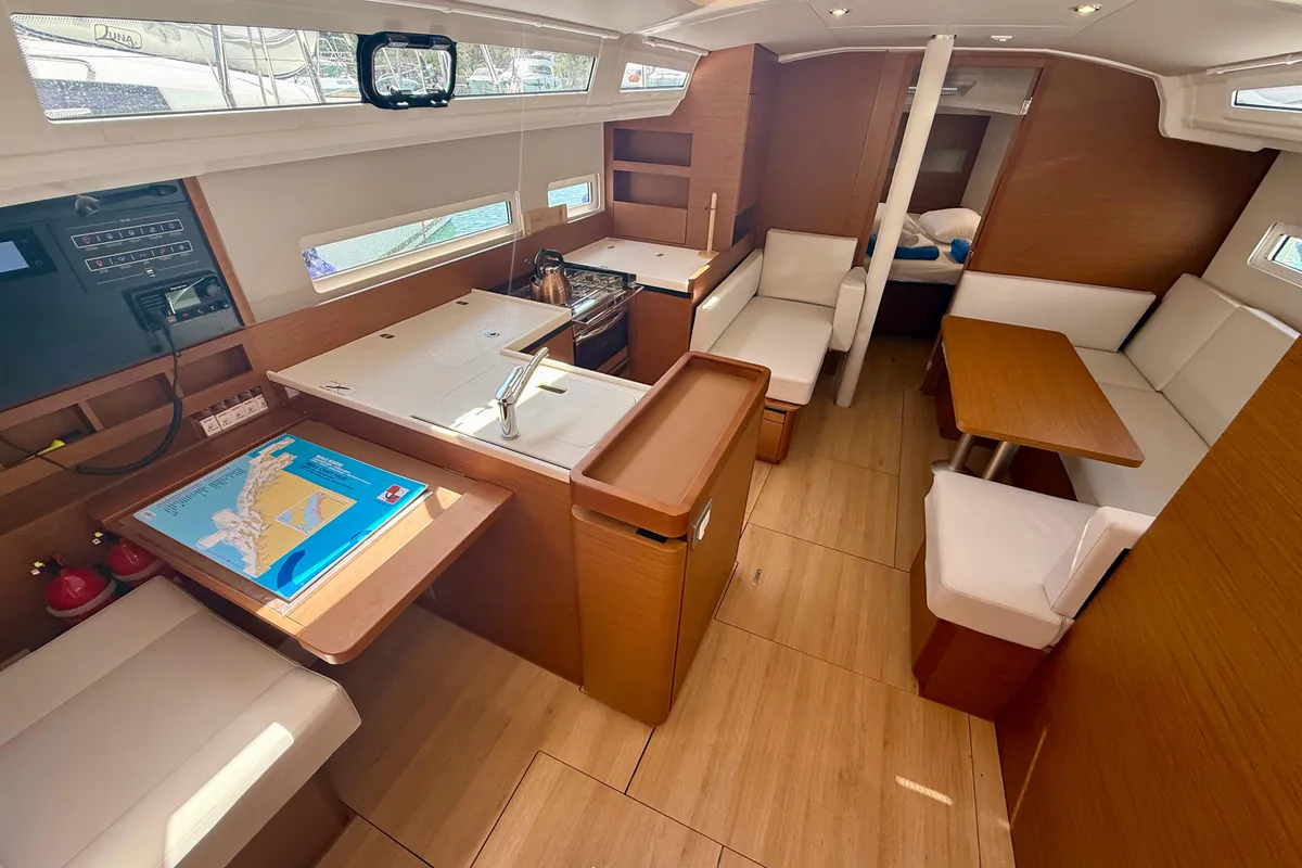 Salon of Sunset Kiss, a Jeanneau Sun Odyssey 410 sailboat at Dubrovnik, Croatia