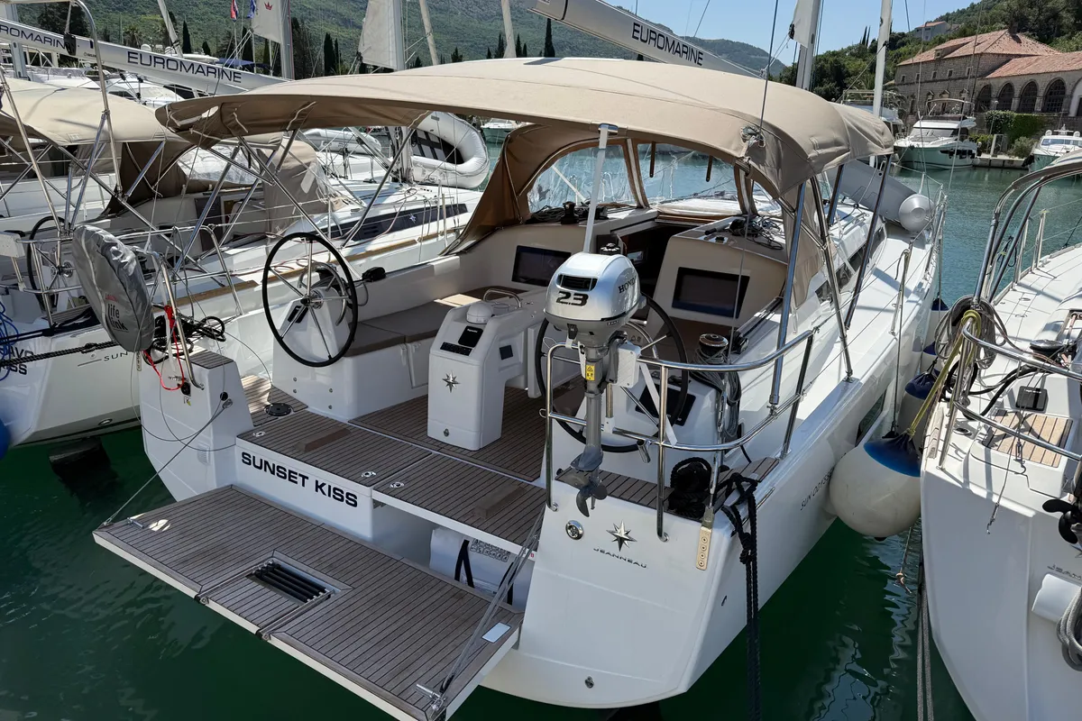Exterior view of Sunset Kiss, a Jeanneau Sun Odyssey 410 sailboat at Dubrovnik, Croatia