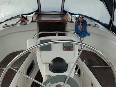 Cockpit of Tritonas, a Bavaria 38 Cruiser sailboat at Municipal Unit of Ellomenos, Greece