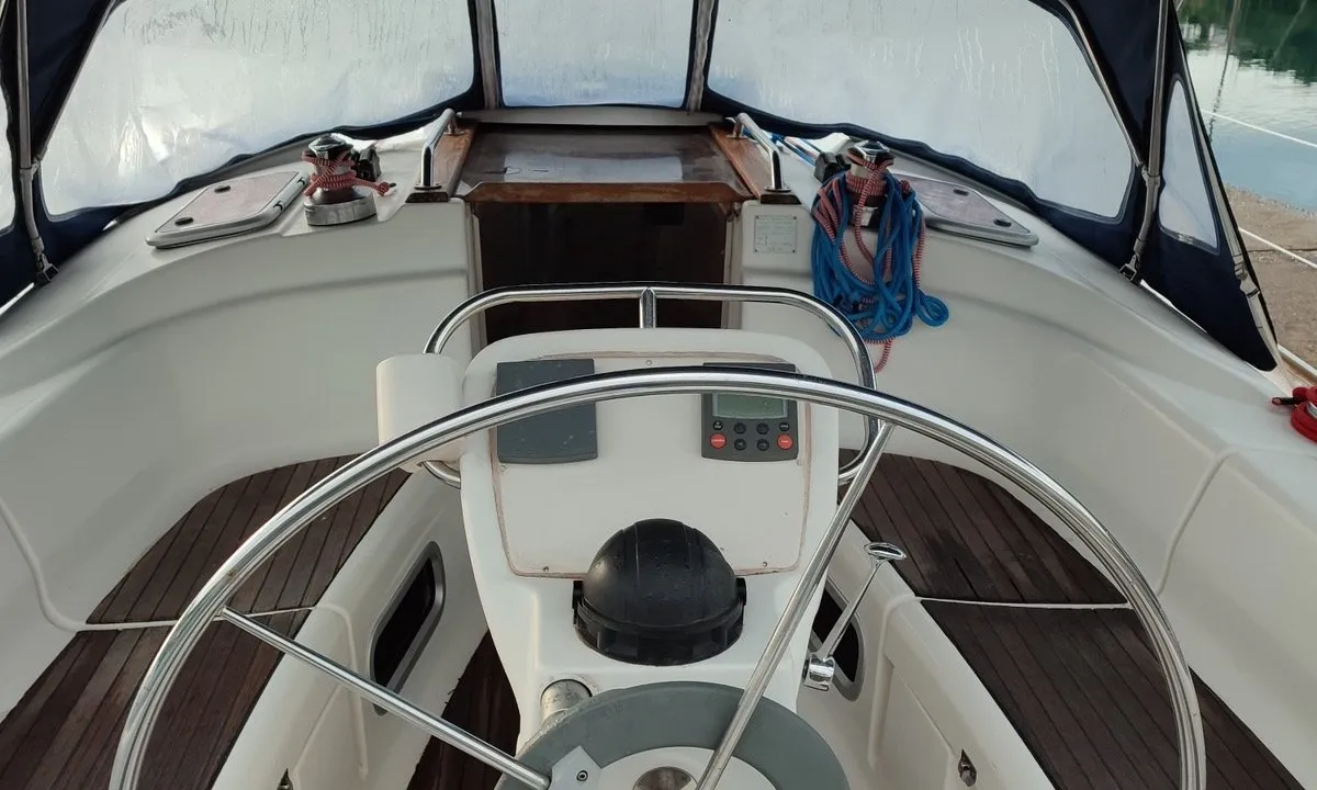 Cockpit of Tritonas, a Bavaria 38 Cruiser sailboat at Municipal Unit of Ellomenos, Greece