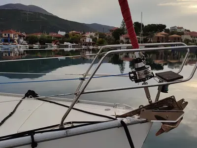 Deck of Tritonas, a Bavaria 38 Cruiser sailboat at Municipal Unit of Ellomenos, Greece