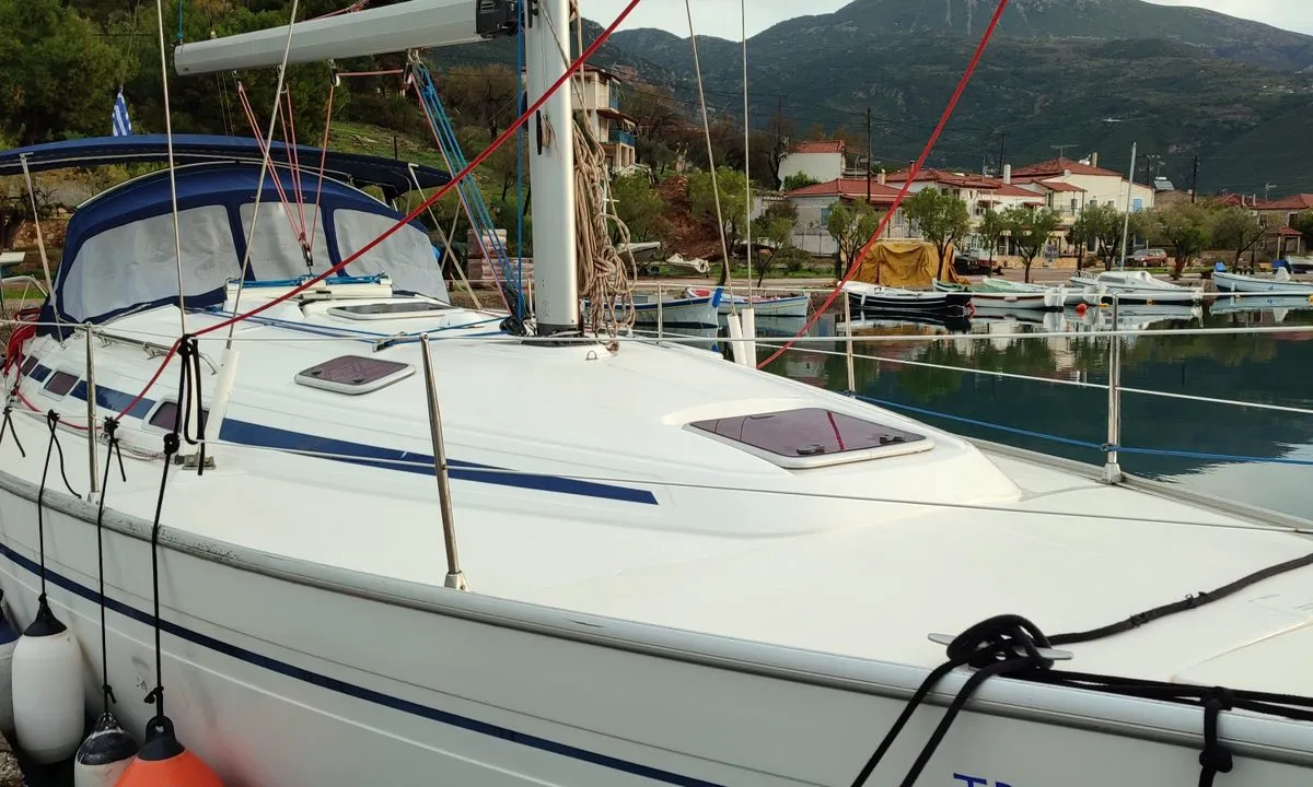 Exterior view of Tritonas, a Bavaria 38 Cruiser sailboat at Municipal Unit of Ellomenos, Greece