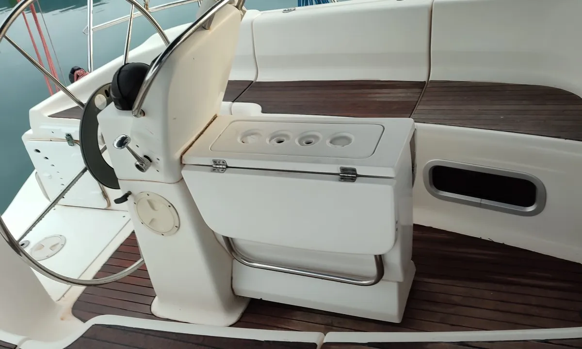 Cockpit of Tritonas, a Bavaria 38 Cruiser sailboat at Municipal Unit of Ellomenos, Greece