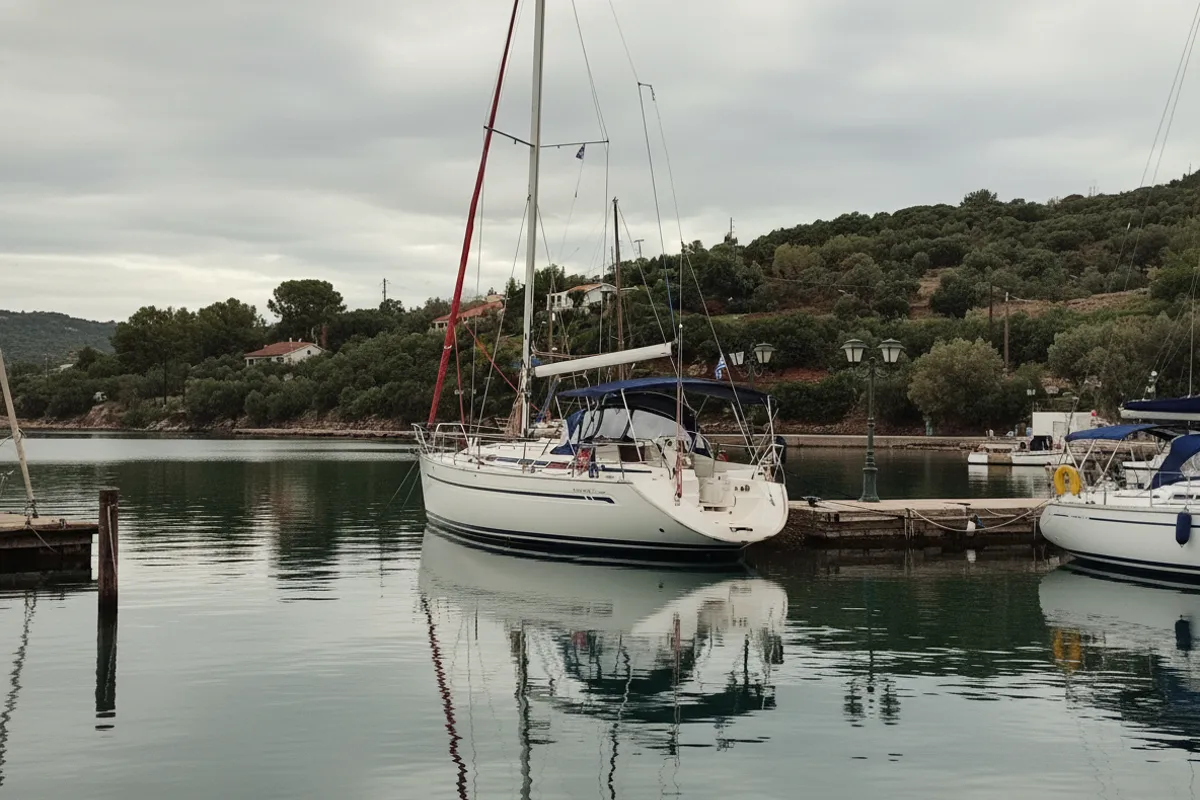 Exterior view of Tritonas, a Bavaria 38 Cruiser sailboat at Municipal Unit of Ellomenos, Greece