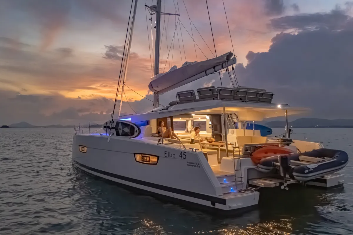 Exterior view of Chammak Challo, a Fountaine Pajot Elba 45 catamaran at Mai Khao, Thailand