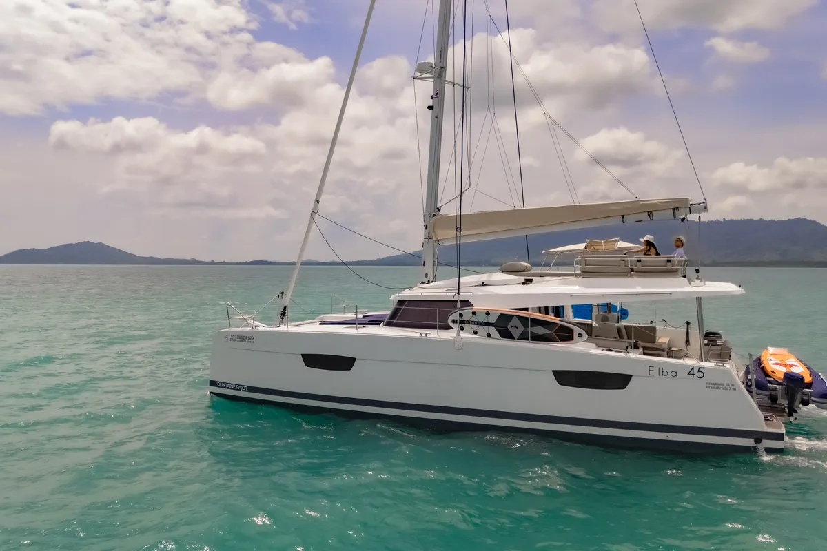 Exterior view of Chammak Challo, a Fountaine Pajot Elba 45 catamaran at Mai Khao, Thailand