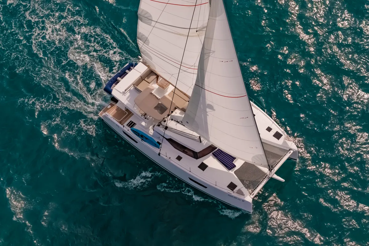Exterior view of Chammak Challo, a Fountaine Pajot Elba 45 catamaran at Mai Khao, Thailand