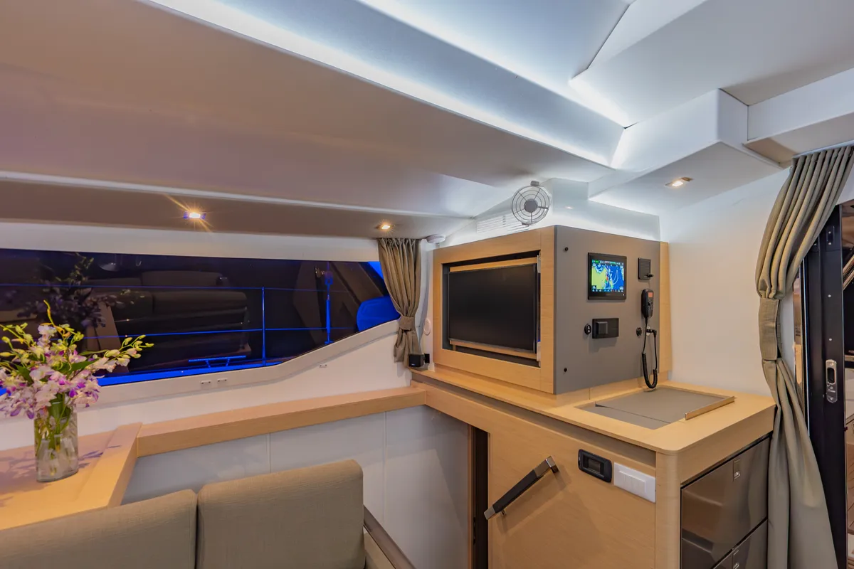 Salon of Chammak Challo, a Fountaine Pajot Elba 45 catamaran at Mai Khao, Thailand