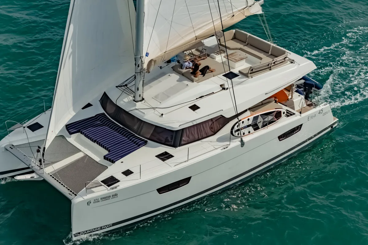 Exterior view of Chammak Challo, a Fountaine Pajot Elba 45 catamaran at Mai Khao, Thailand