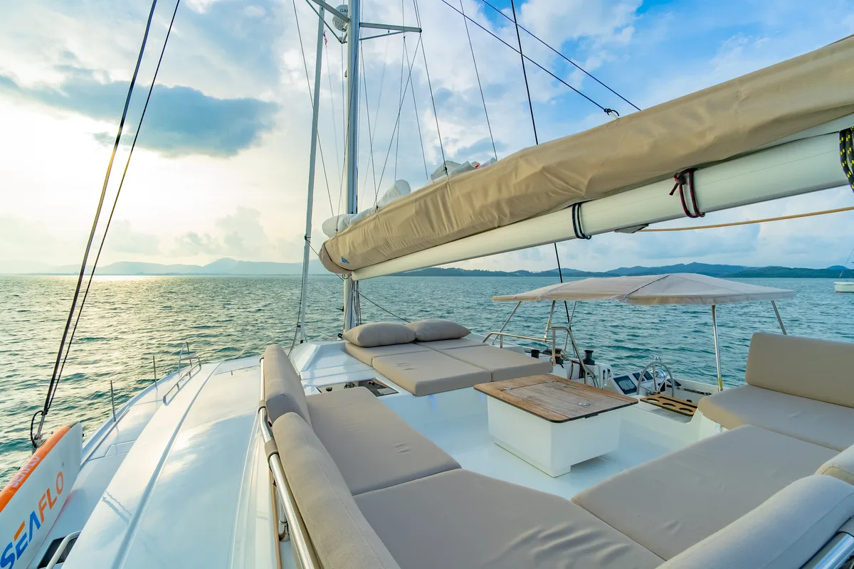 Deck of Chammak Challo, a Fountaine Pajot Elba 45 catamaran at Mai Khao, Thailand