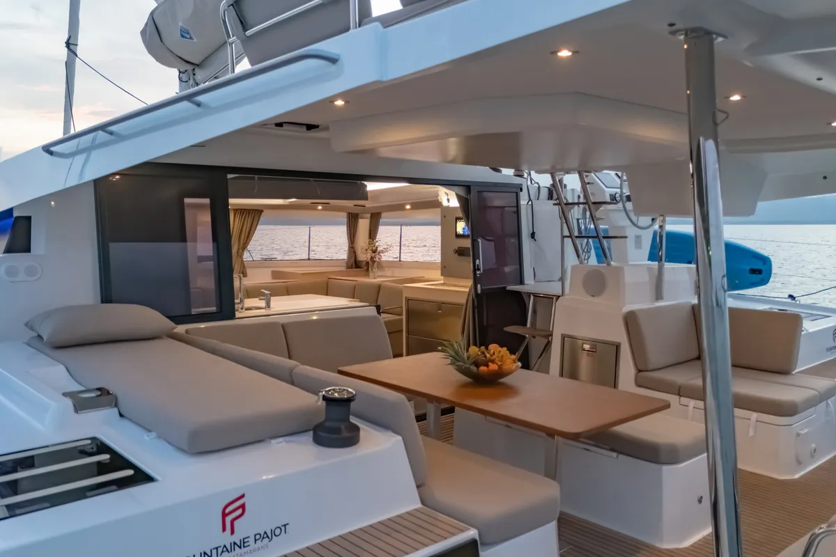 Deck of Chammak Challo, a Fountaine Pajot Elba 45 catamaran at Mai Khao, Thailand