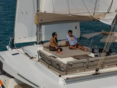 Deck of Chammak Challo, a Fountaine Pajot Elba 45 catamaran at Mai Khao, Thailand