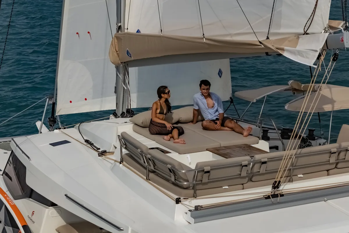 Deck of Chammak Challo, a Fountaine Pajot Elba 45 catamaran at Mai Khao, Thailand