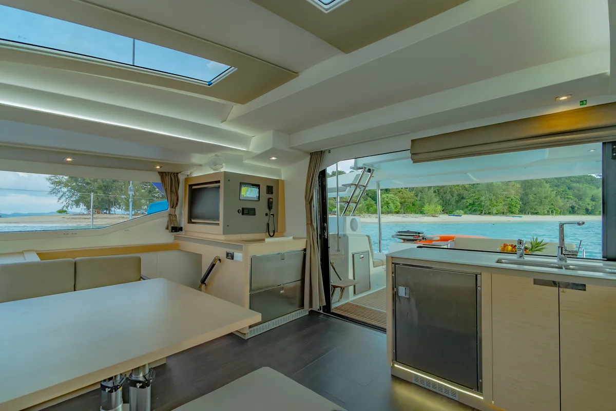 Salon of Chammak Challo, a Fountaine Pajot Elba 45 catamaran at Mai Khao, Thailand