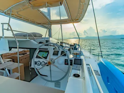 Cockpit of Chammak Challo, a Fountaine Pajot Elba 45 catamaran at Mai Khao, Thailand