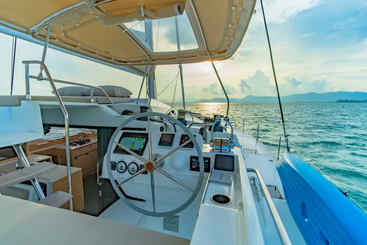 Cockpit of Chammak Challo, a Fountaine Pajot Elba 45 catamaran at Mai Khao, Thailand