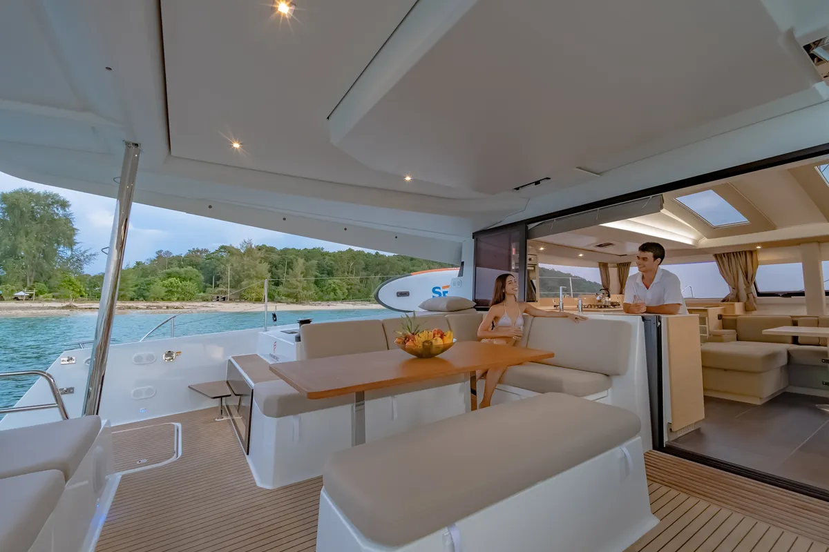 Deck of Chammak Challo, a Fountaine Pajot Elba 45 catamaran at Mai Khao, Thailand
