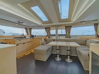 Salon of Chammak Challo, a Fountaine Pajot Elba 45 catamaran at Mai Khao, Thailand