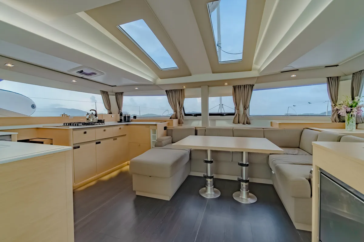 Salon of Chammak Challo, a Fountaine Pajot Elba 45 catamaran at Mai Khao, Thailand