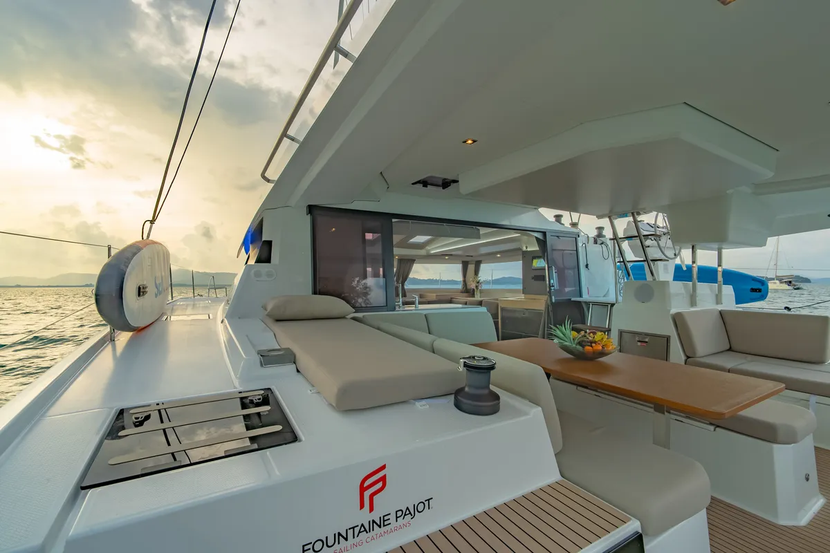 Deck of Chammak Challo, a Fountaine Pajot Elba 45 catamaran at Mai Khao, Thailand