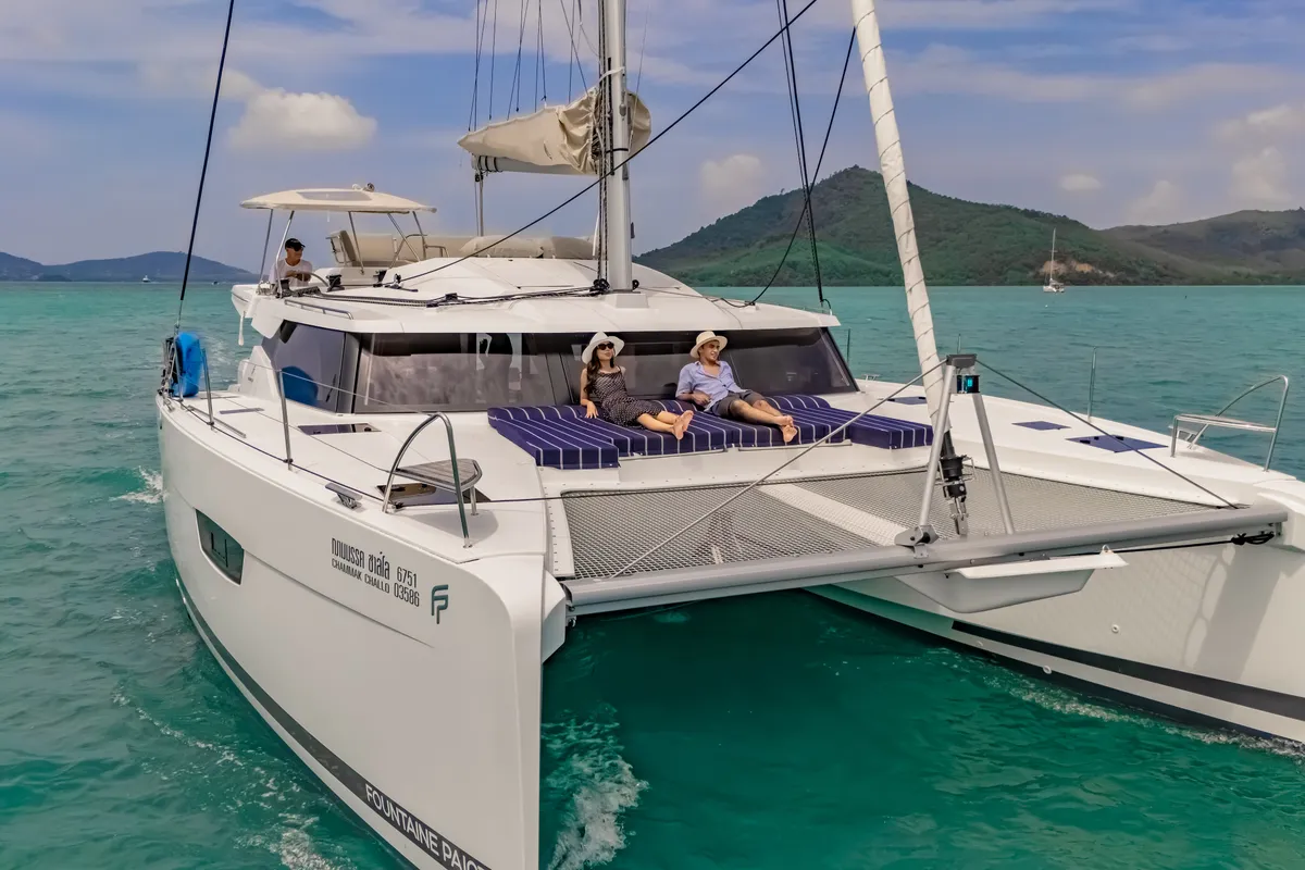 Exterior view of Chammak Challo, a Fountaine Pajot Elba 45 catamaran at Mai Khao, Thailand