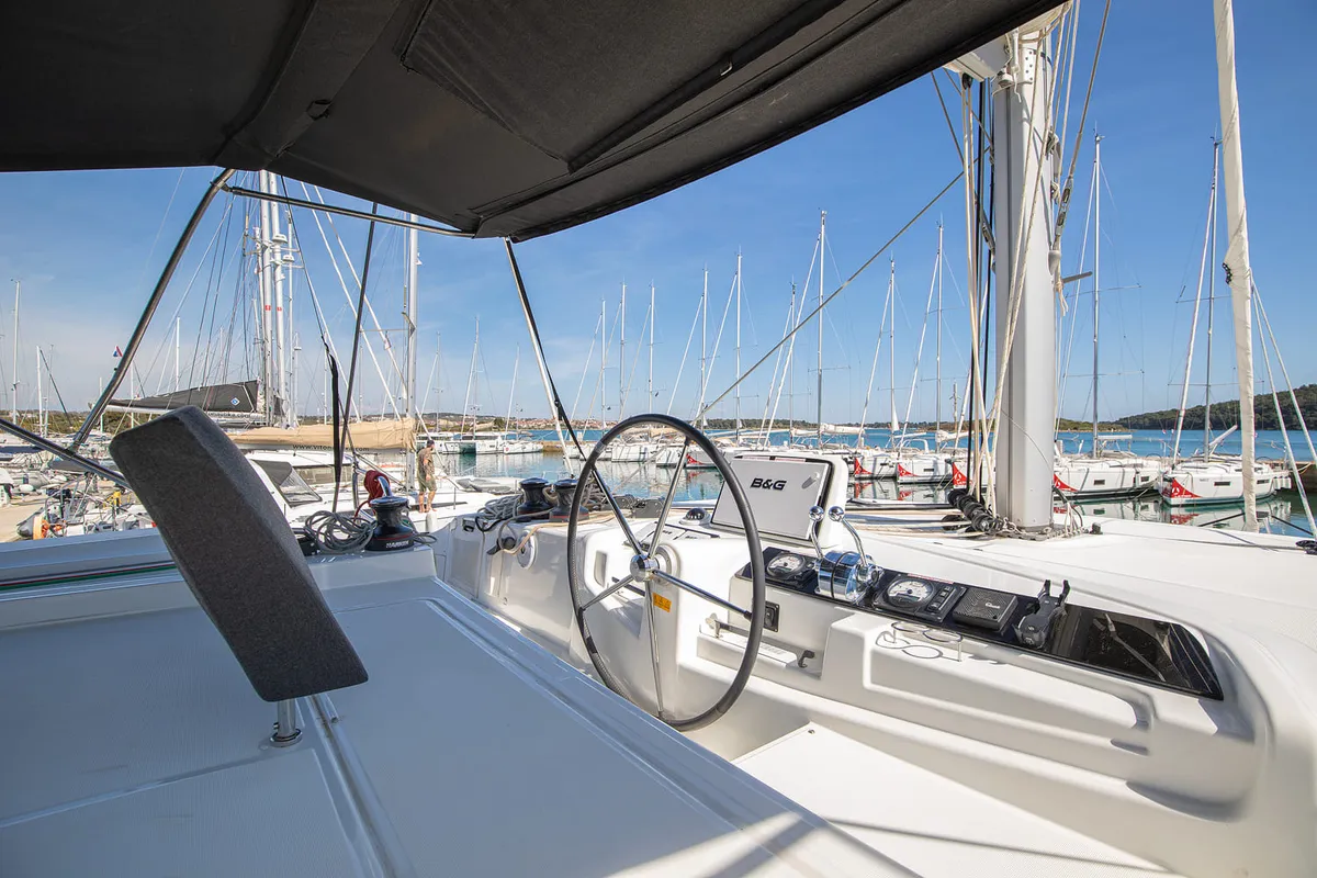 Cockpit of Long Island, a Lagoon 46 catamaran at Općina Medulin, Croatia
