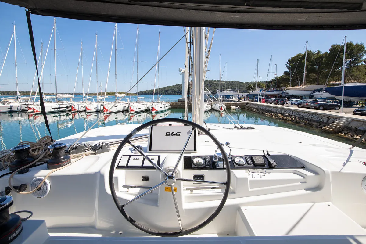 Cockpit of Long Island, a Lagoon 46 catamaran at Općina Medulin, Croatia