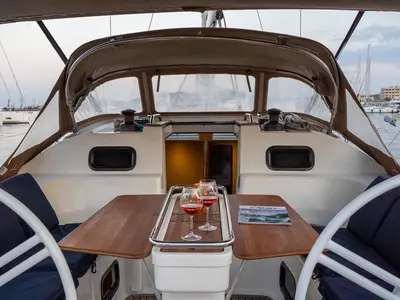 Cockpit of ALEXE, a Elan Impression 45 sailboat at Municipal Unit of Lefkada, Greece