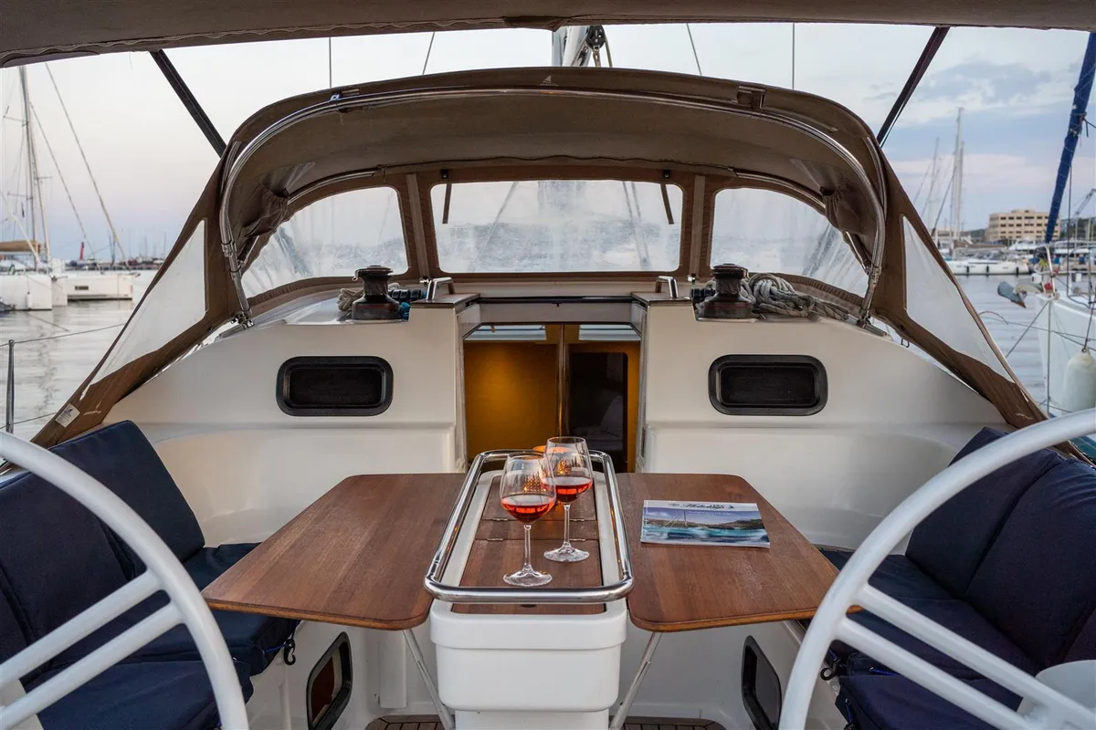 Cockpit of ALEXE, a Elan Impression 45 sailboat at Municipal Unit of Lefkada, Greece