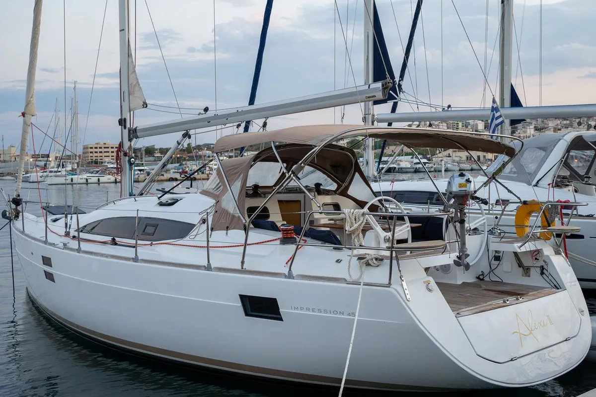 Exterior view of ALEXE, a Elan Impression 45 sailboat at Municipal Unit of Lefkada, Greece