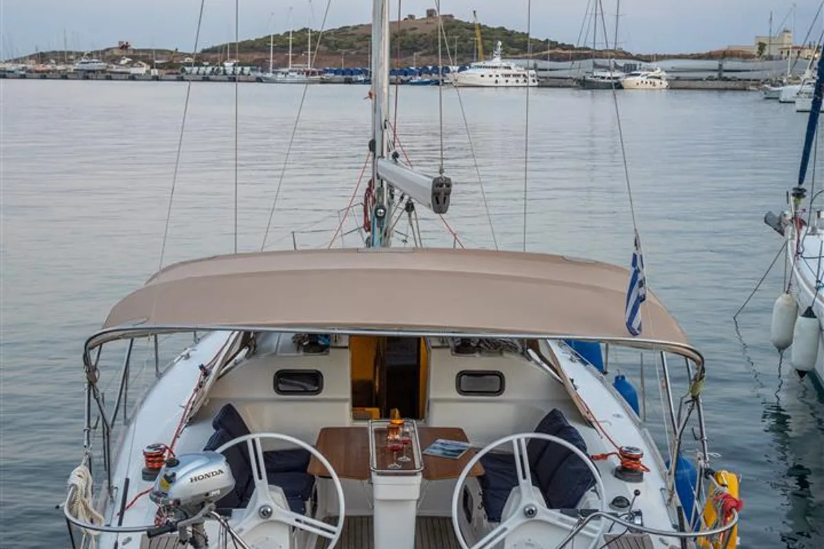 Exterior view of ALEXE, a Elan Impression 45 sailboat at Municipal Unit of Lefkada, Greece
